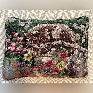 New Garden Floral Sleeping Tabby Cat Needlepoint Pillow